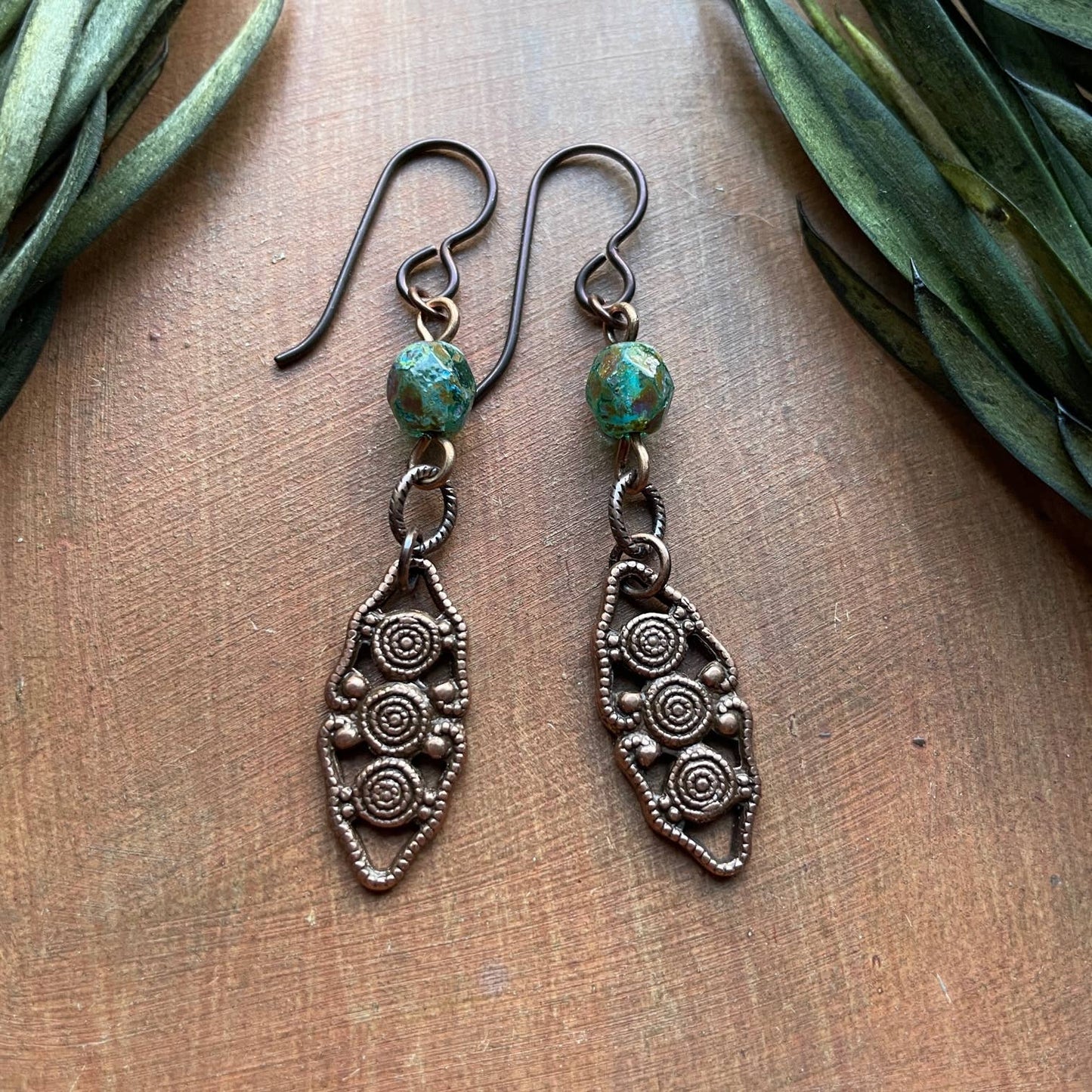 Earthy Teal Picasso Old World Filigree Earrings Niobium Wire