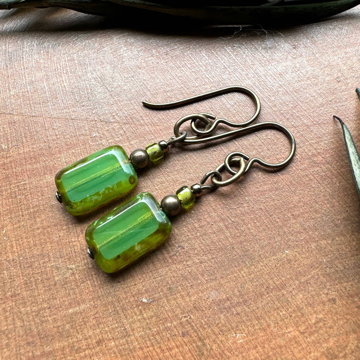 Earthy Green Tile Bead Earrings Rustic Dangle Rectangles