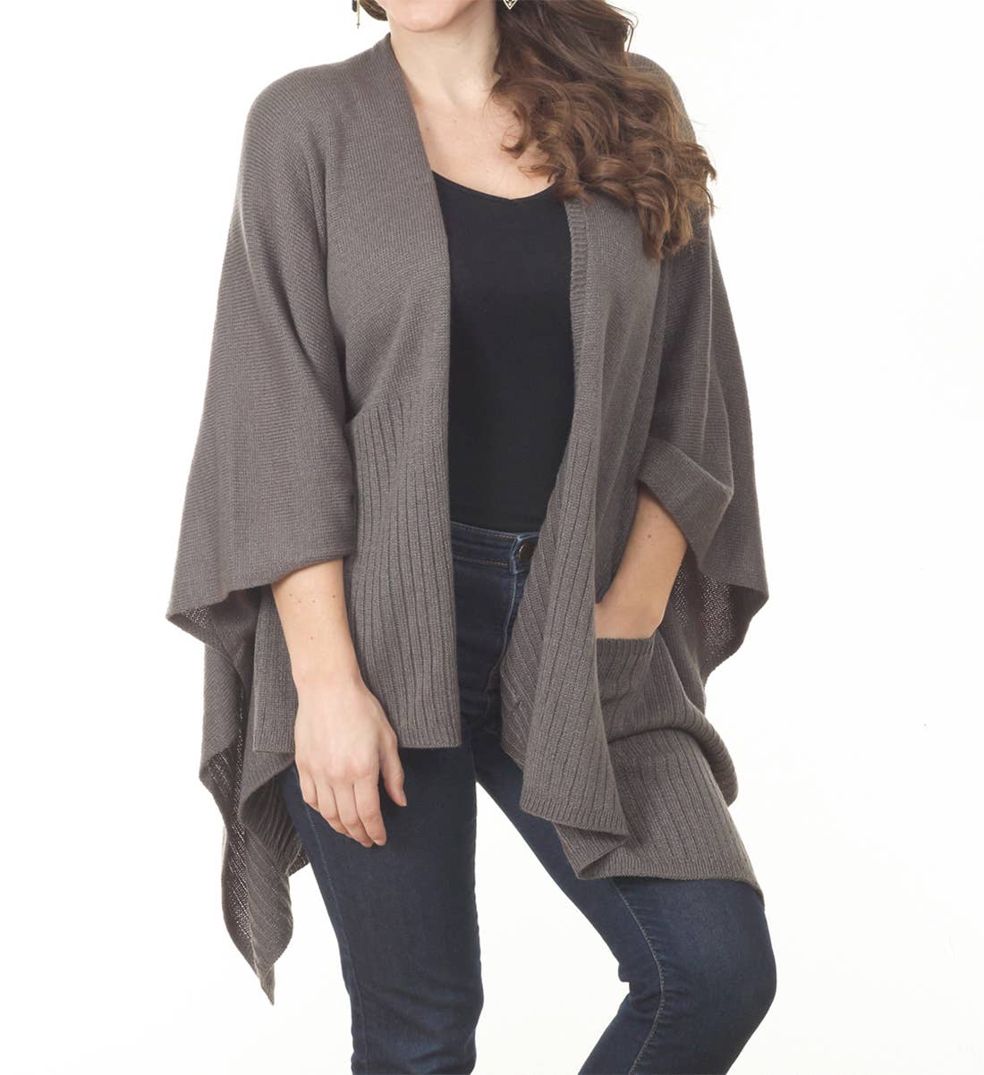 Slate Knit Poncho Wrap Cape with Pockets