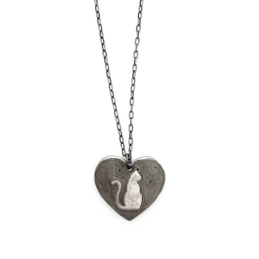 Pewter Necklace - Cat Silhouette in Heart