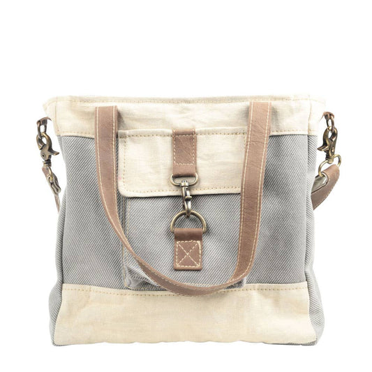 Grey And Cream Mixed Fabric Canvas Crossbody Bag