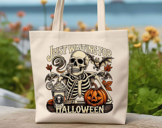 Just Waiting For Halloween Skeleton Coffee Horror Tote Bag