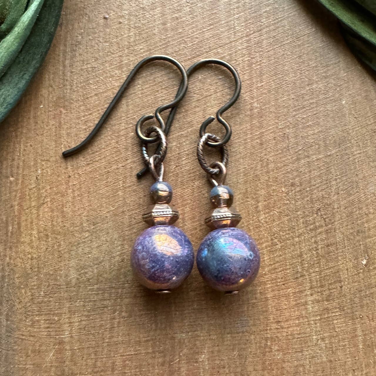 Lilac Iris Purple Czech Glass Copper Dangle Drop Earrings