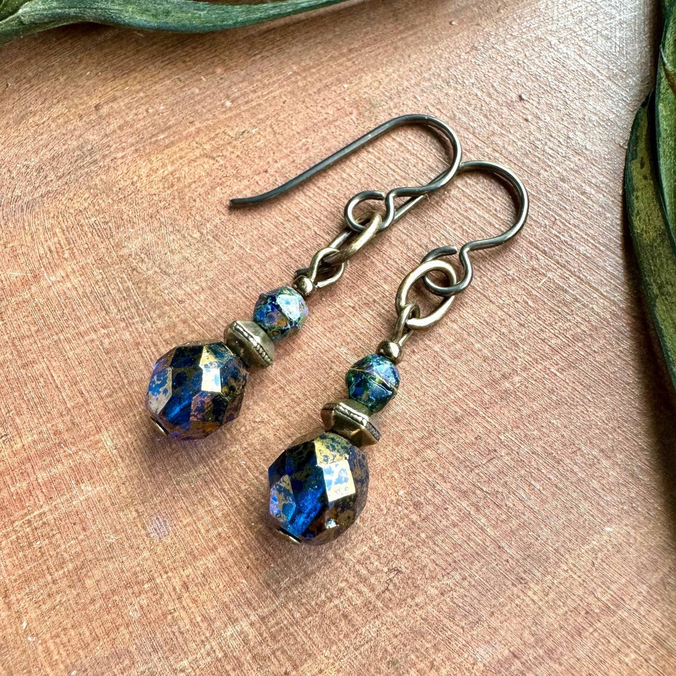 Capri Blue Dangle Earthy Earrings Czech Glass Antiqued Brass