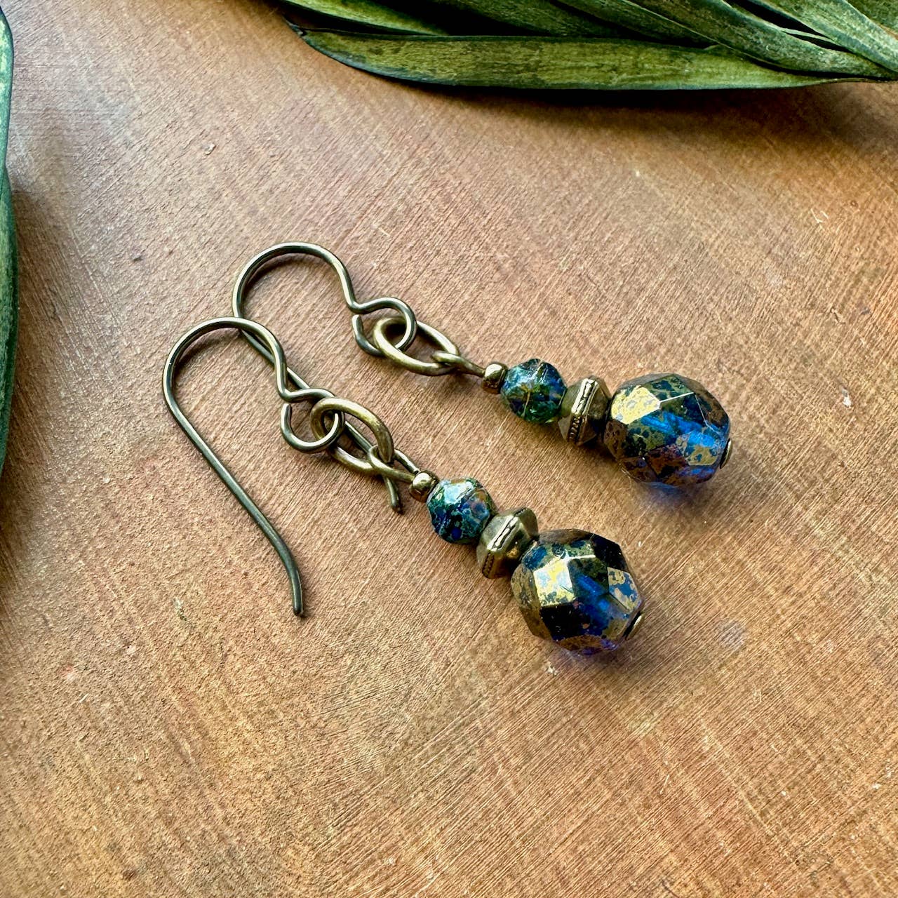 Capri Blue Dangle Earthy Earrings Czech Glass Antiqued Brass