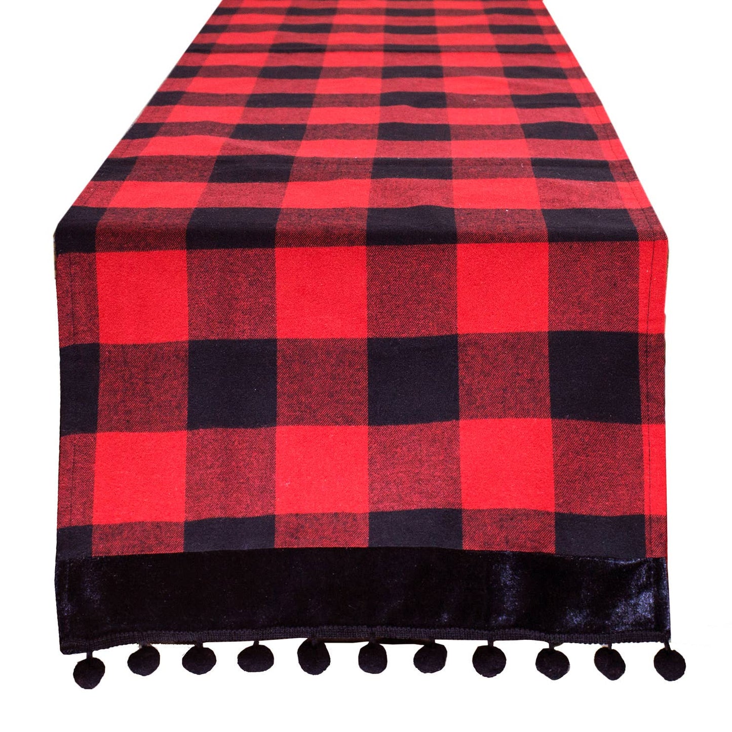 Buffalo Plaid Red Black Velvet Pom Pom Trim Table Runner