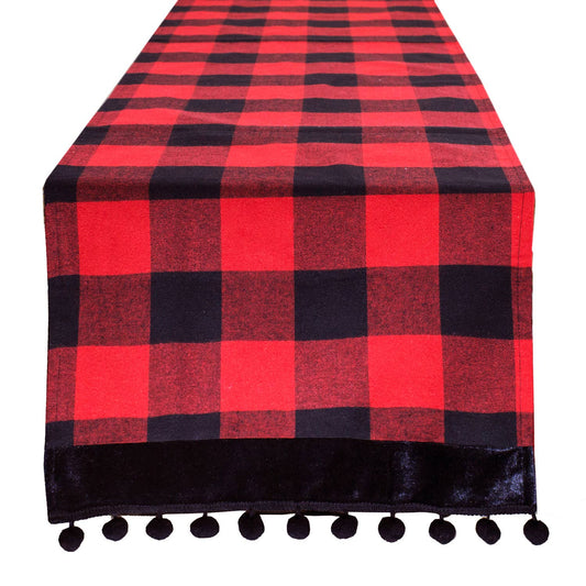 Buffalo Plaid Red Black Velvet Pom Pom Trim Table Runner