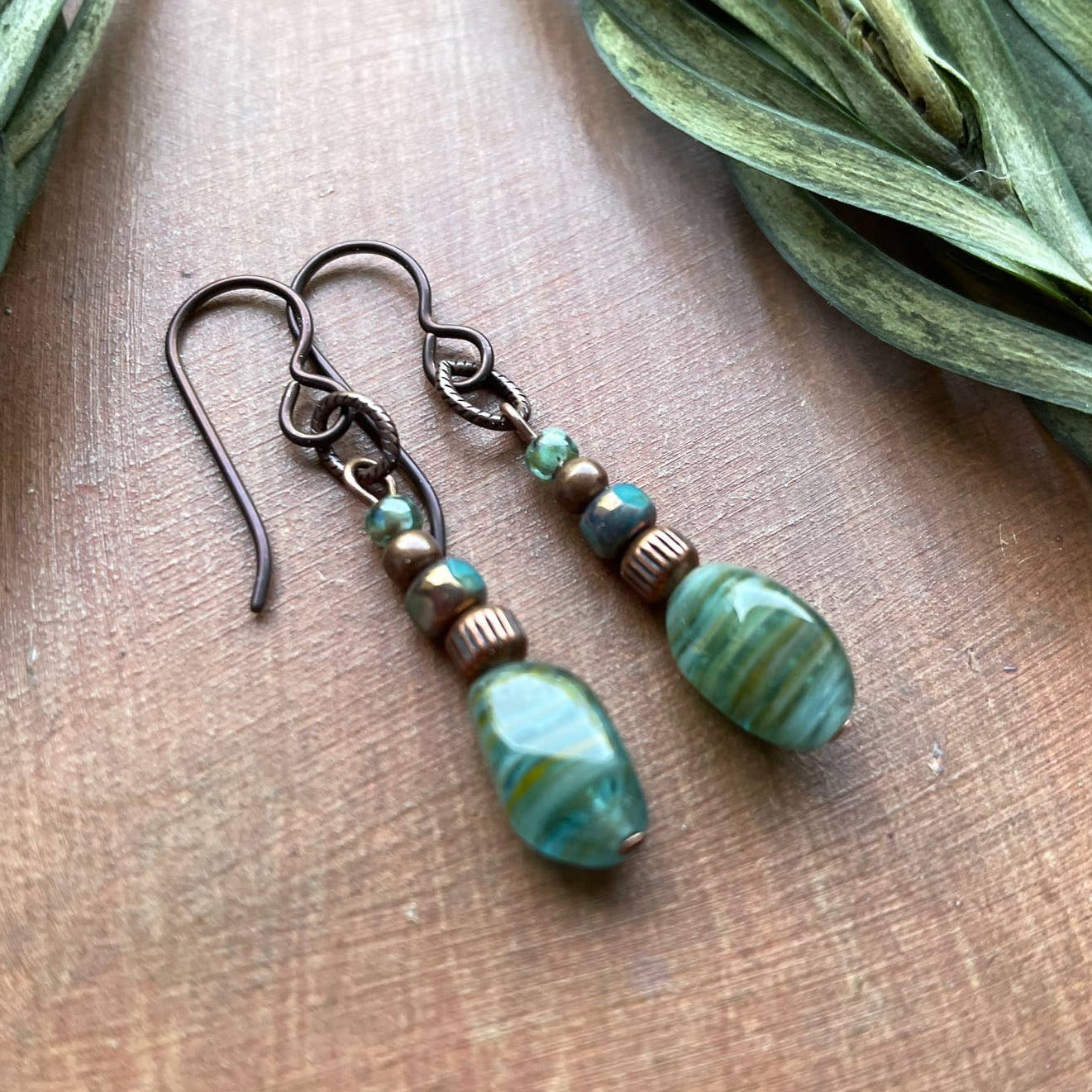 Rustic Copper Beach Boho Earrings Aqua Czech Glass Niobium