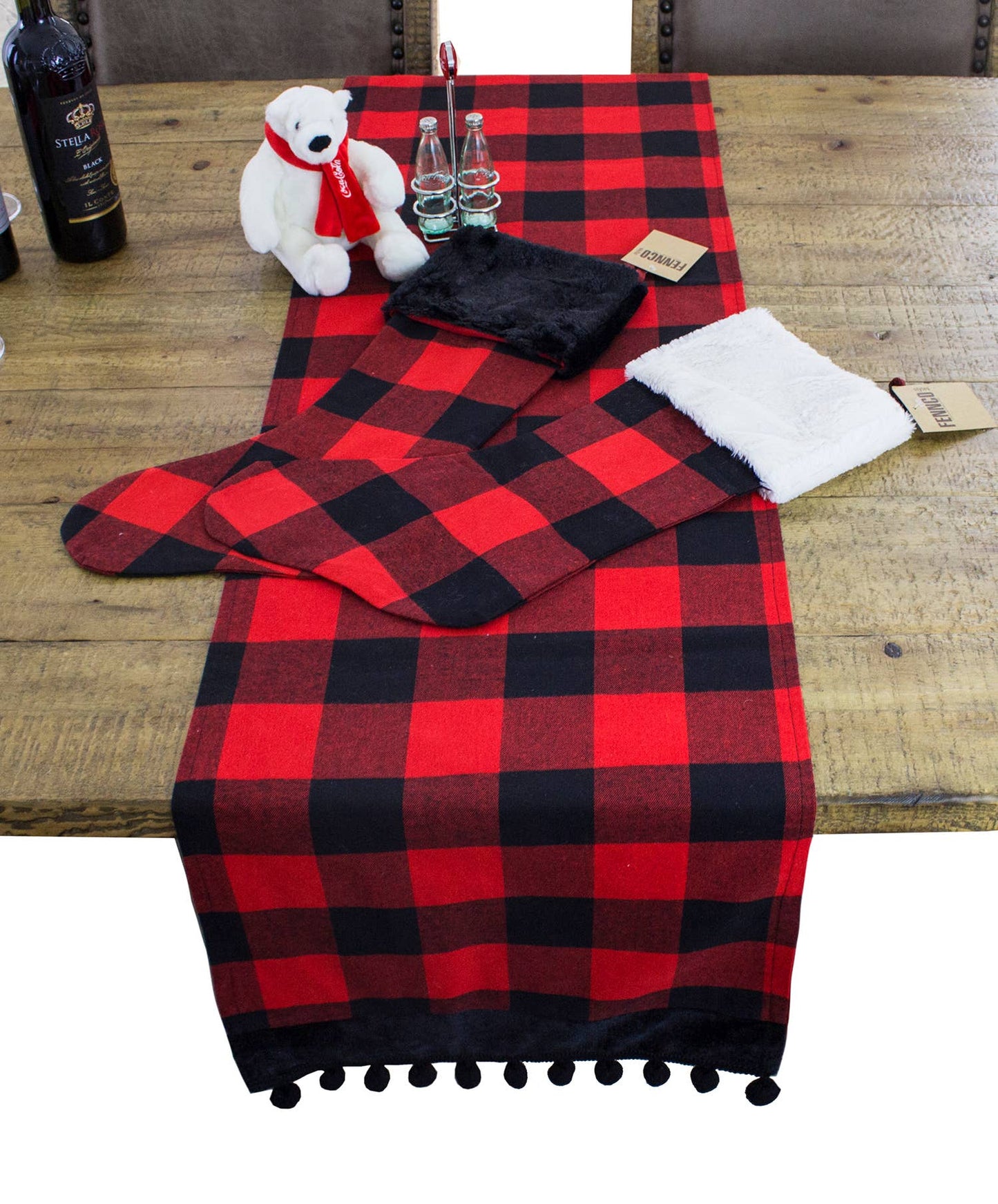 Buffalo Plaid Red Black Velvet Pom Pom Trim Table Runner
