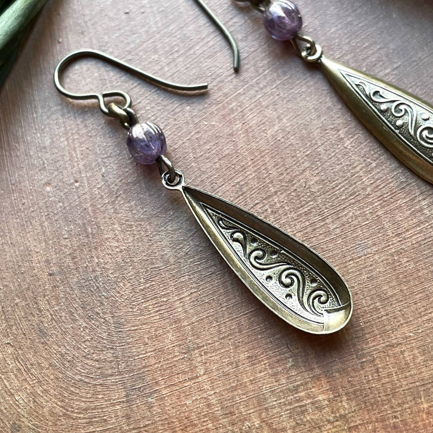 Amethyst Glass Pendant Earrings Vintage Style Brass Jewelry