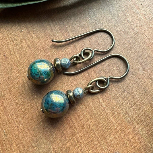 Dusky Turquoise Glass Drop Earrings Czech Picasso Beads