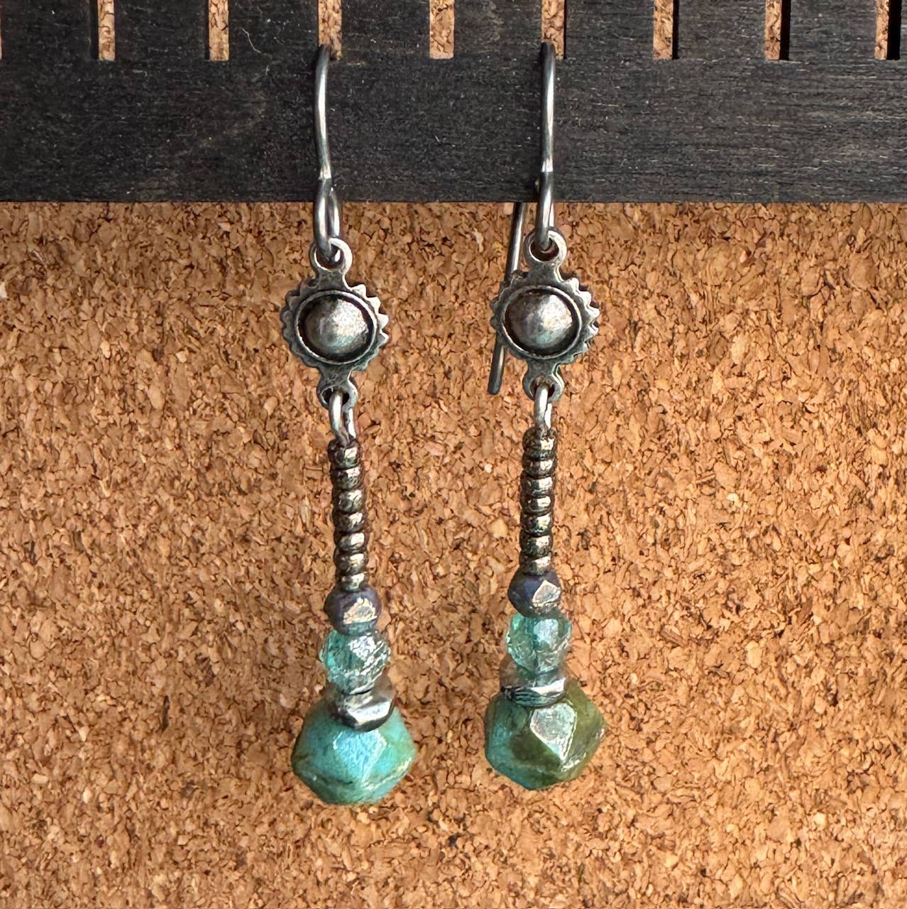 Long Silver Gypsy Earrings Turquoise Aqua Glass Beach Beads