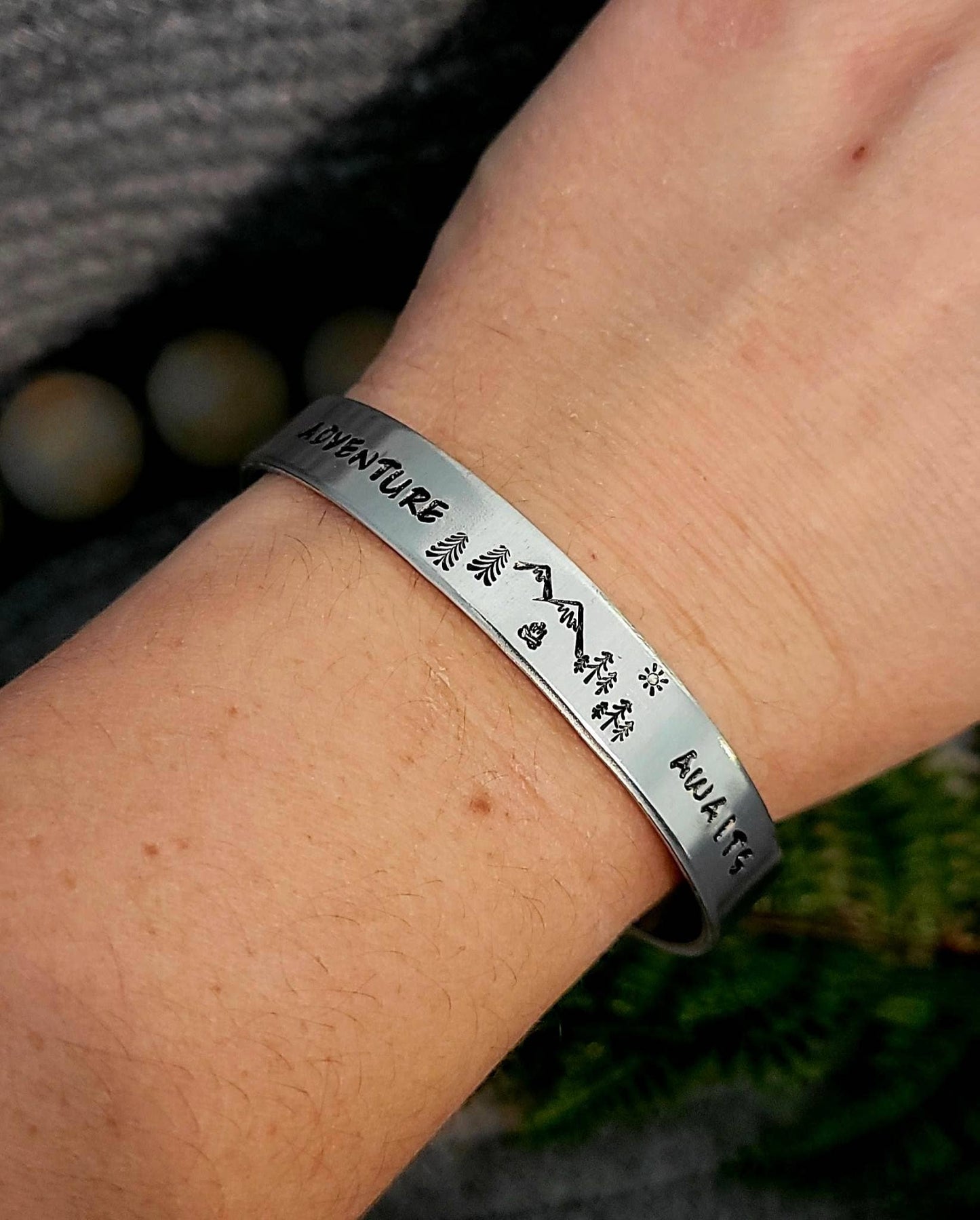 Hand stamped adventure awaits w/ mountain aluminum cuff