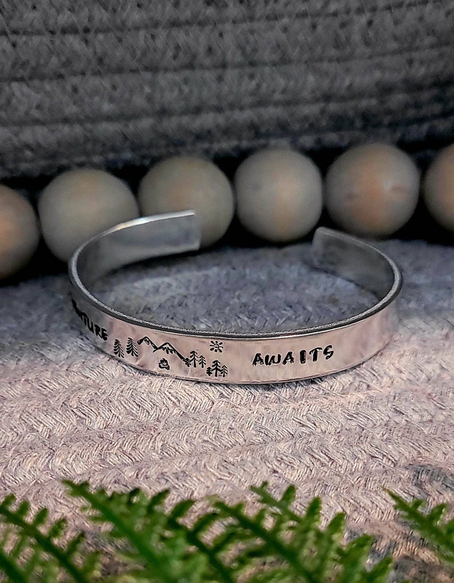 Hand stamped adventure awaits w/ mountain aluminum cuff