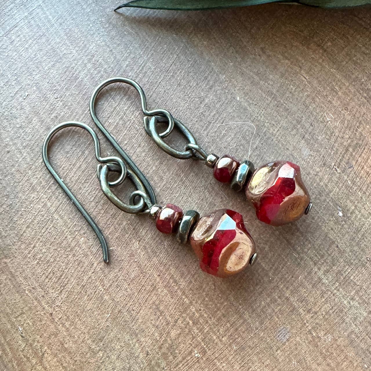 Red Bronze Dangle Earrings Baroque Cut Czech Glass Stacked