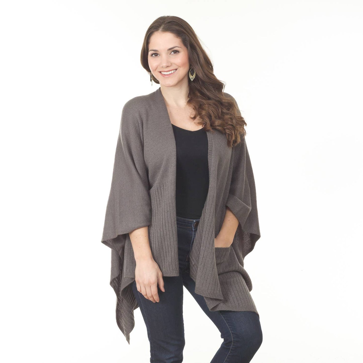 Slate Knit Poncho Wrap Cape with Pockets