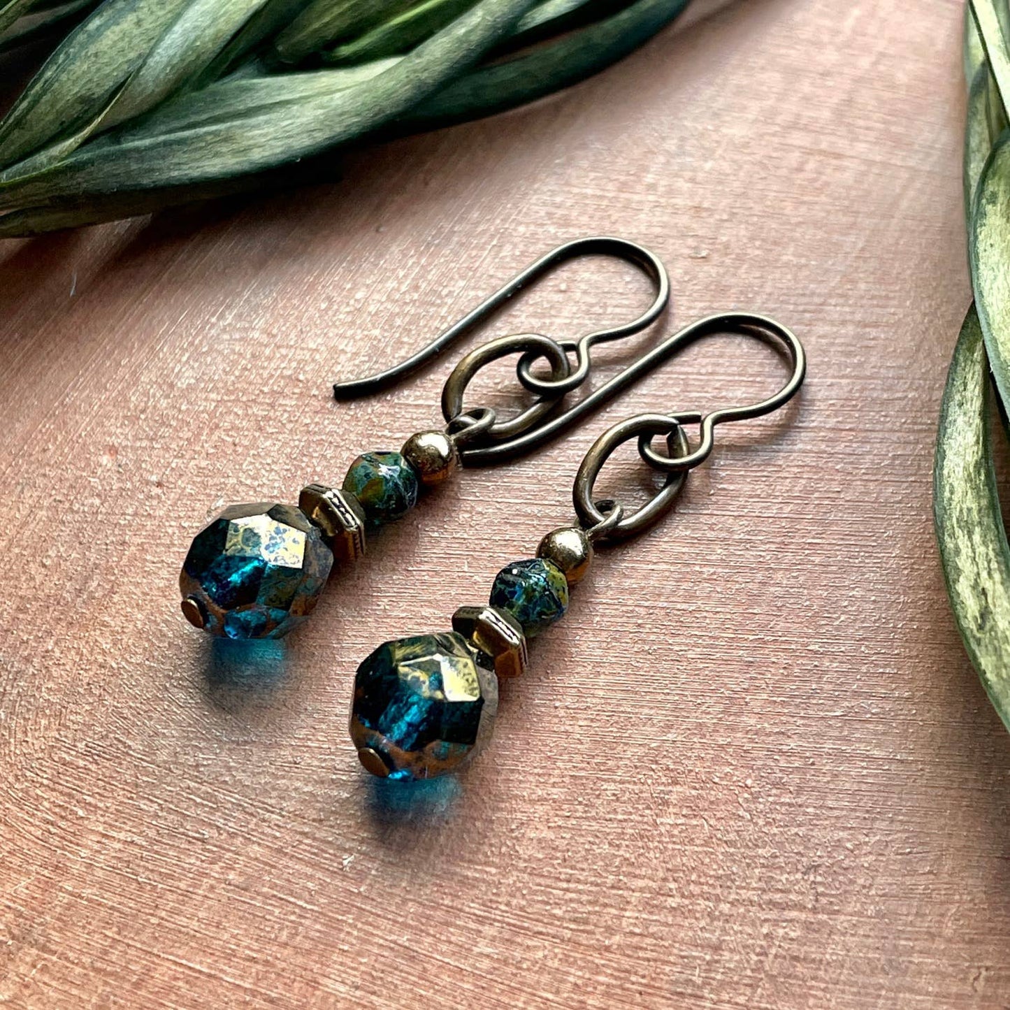 Teal & Bronze Stacked Bead Earrings - Czech Glass & Niobium