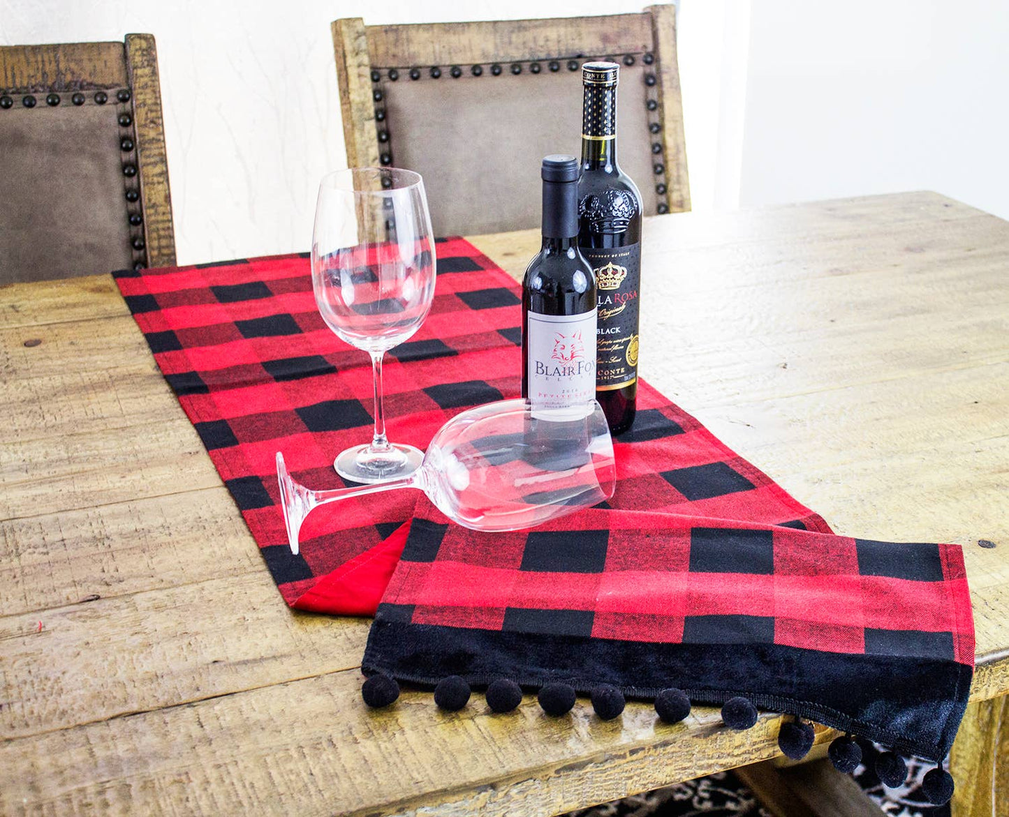 Buffalo Plaid Red Black Velvet Pom Pom Trim Table Runner