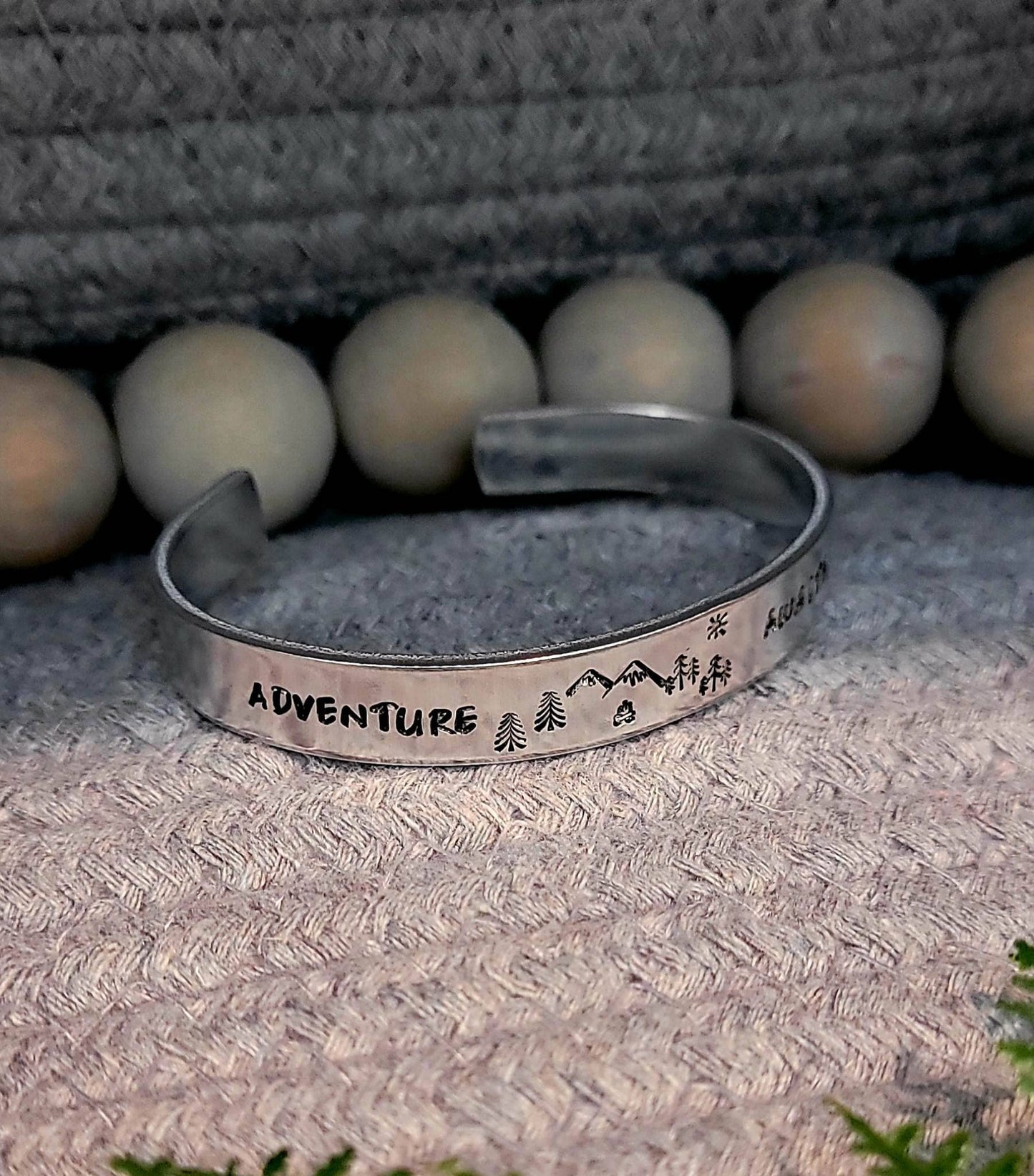 Hand stamped adventure awaits w/ mountain aluminum cuff