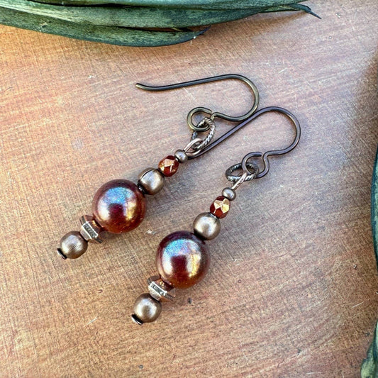 Ornament Earrings Brick Red Glass Copper Dangle Niobium Wire