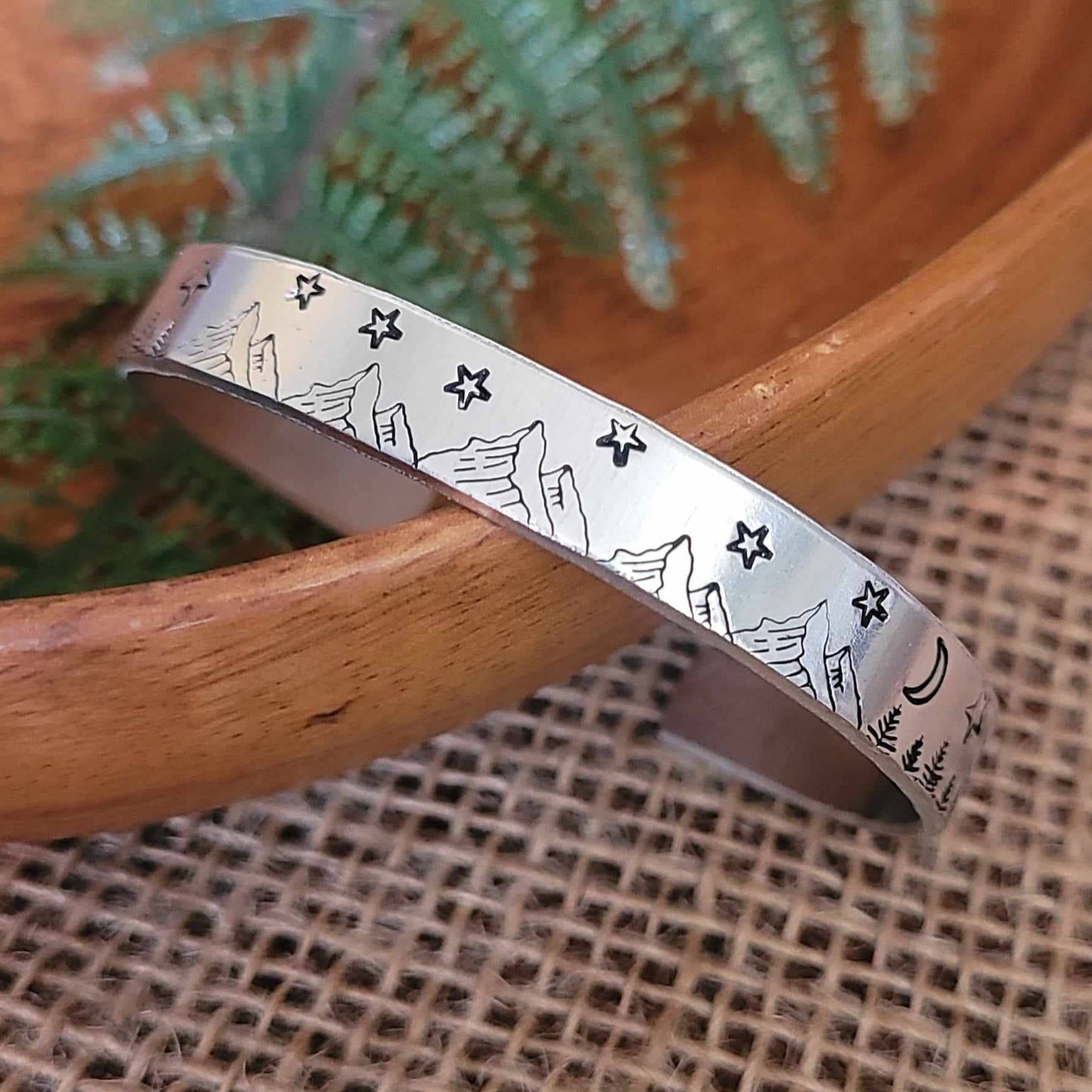 Hand stamped starry summit cuff