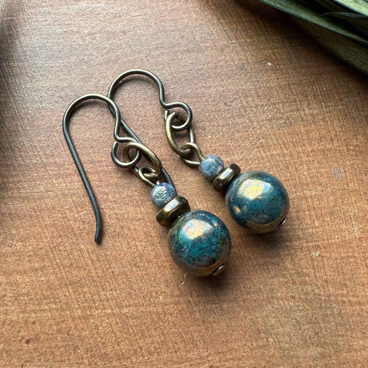 Dusky Turquoise Glass Drop Earrings Czech Picasso Beads