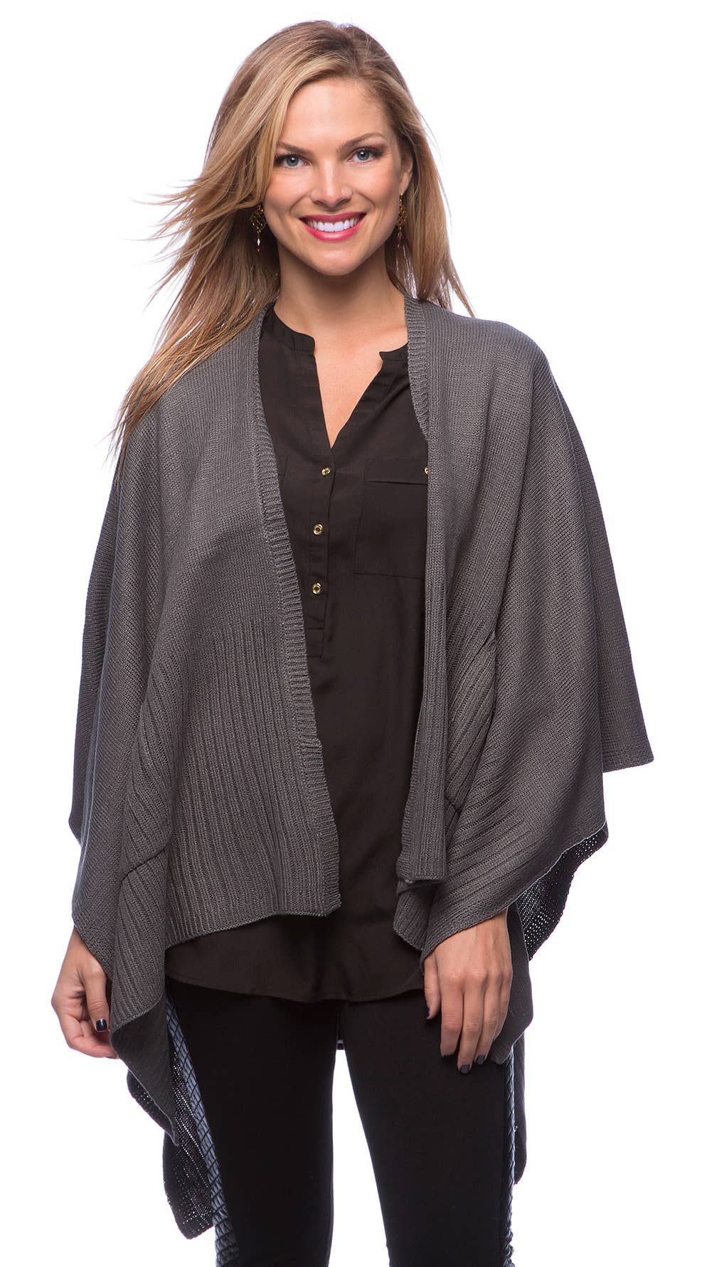 Slate Knit Poncho Wrap Cape with Pockets