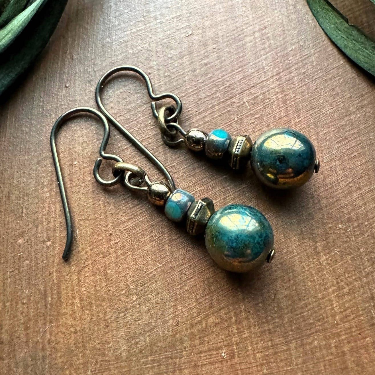 Turquoise Picasso Czech Glass Dangle Earrings Antique Brass