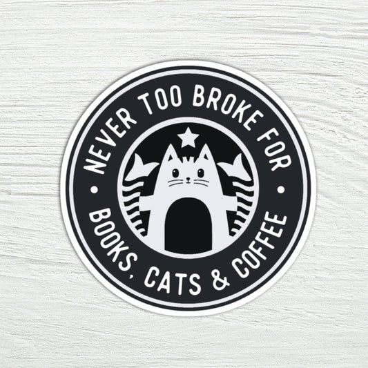 Books, Cats, Coffee 3" Laptop Water Bottle Sticker