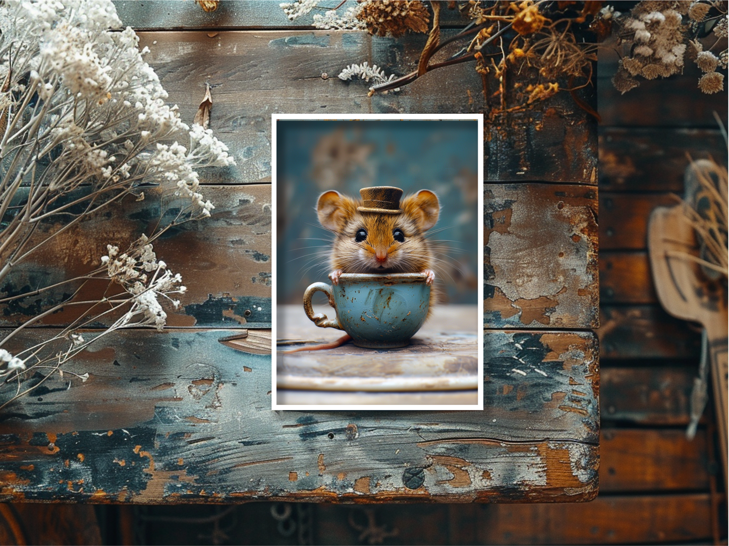 Mouse in Aqua Vintage China Teacup Blank Card