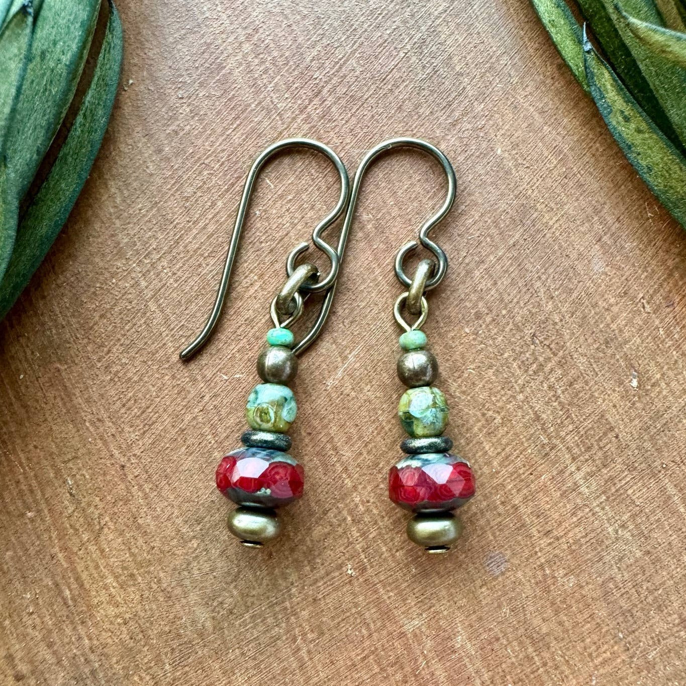 Earthy Red Earrings Green & Brass Bead Drop Rustic Jewelry