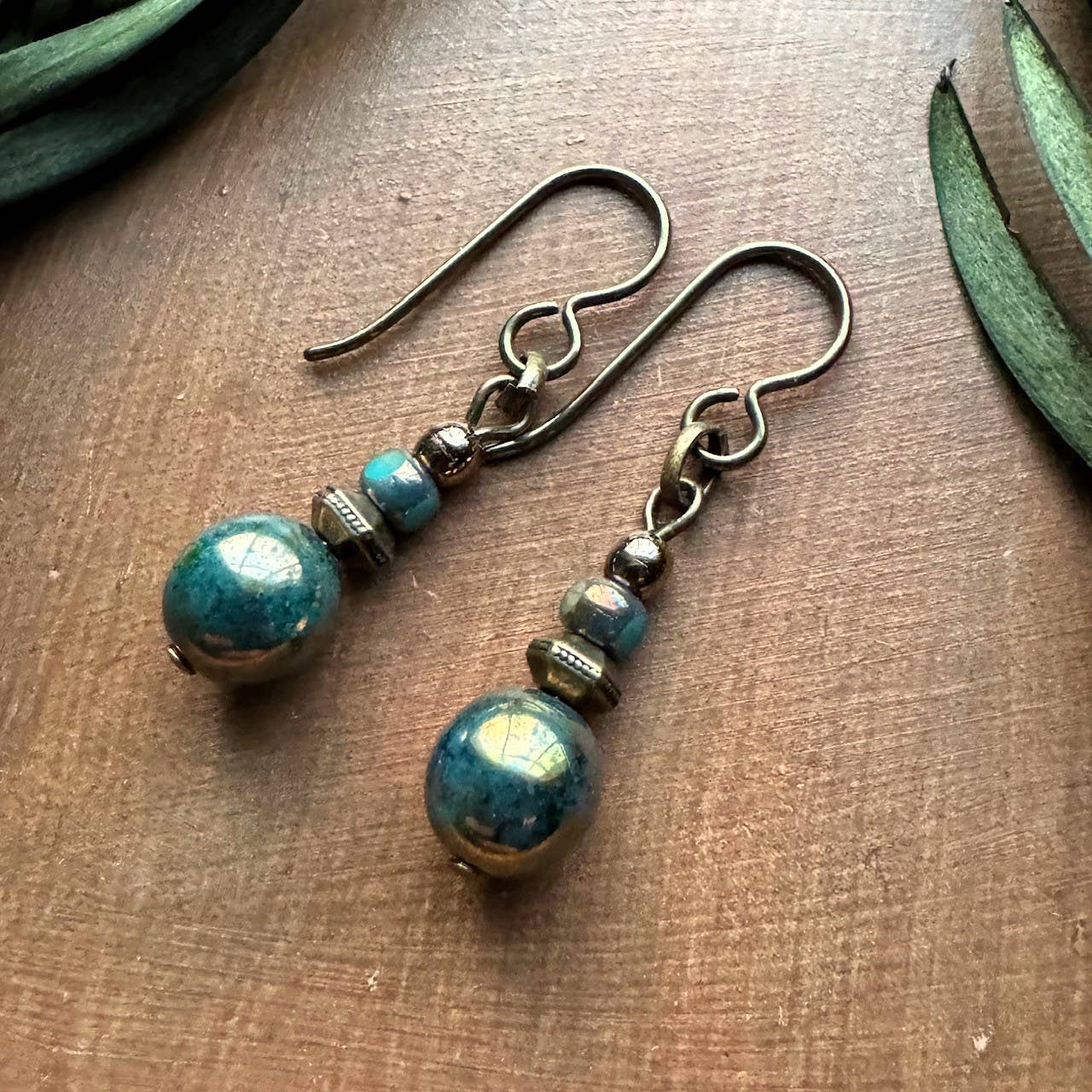 Turquoise Picasso Czech Glass Dangle Earrings Antique Brass