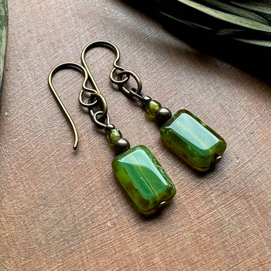 Earthy Green Tile Bead Earrings Rustic Dangle Rectangles