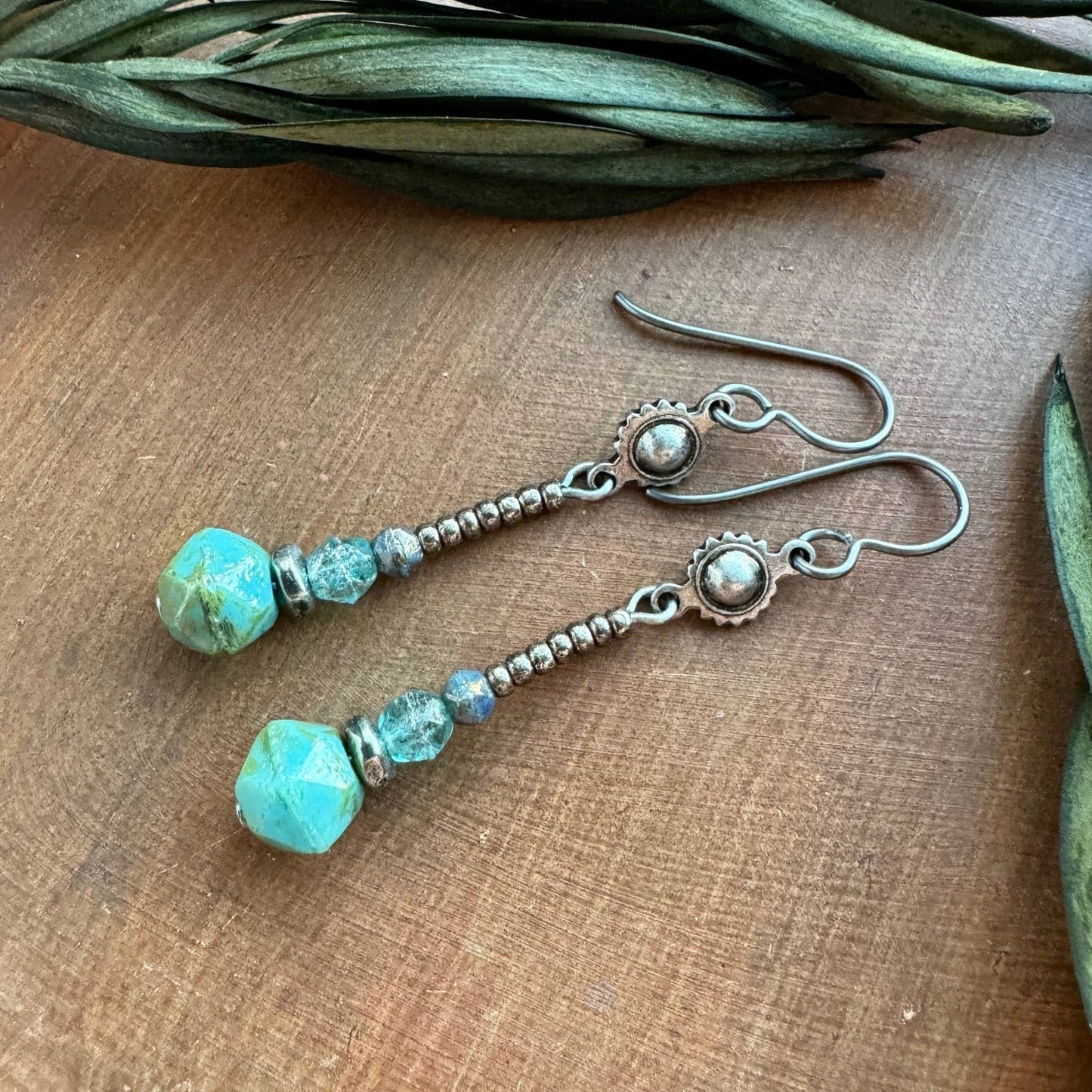 Long Silver Gypsy Earrings Turquoise Aqua Glass Beach Beads