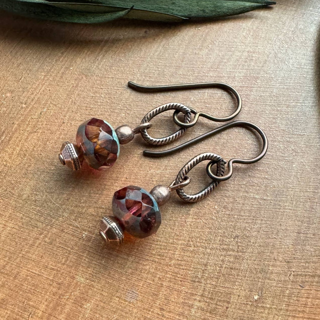 Rustic Drop Earrings Berry Czech Glass Copper Niobium Wires