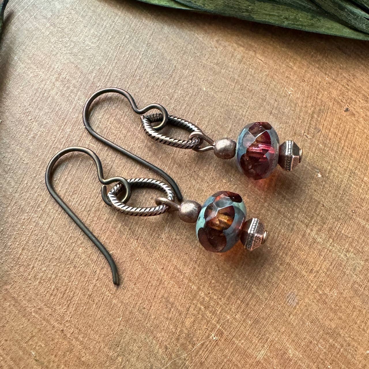 Rustic Drop Earrings Berry Czech Glass Copper Niobium Wires