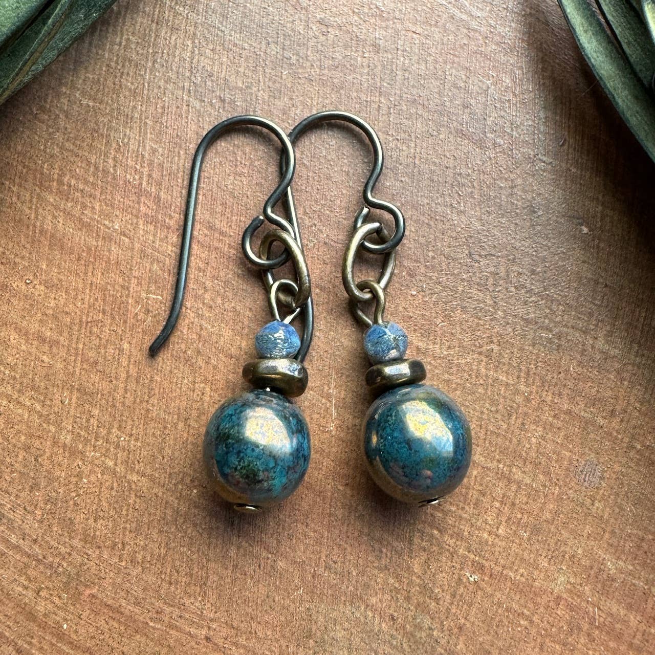 Dusky Turquoise Glass Drop Earrings Czech Picasso Beads