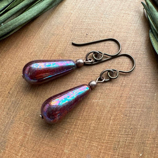 Mystic Purple Glass Teardrop Earrings Copper & Niobium Wires